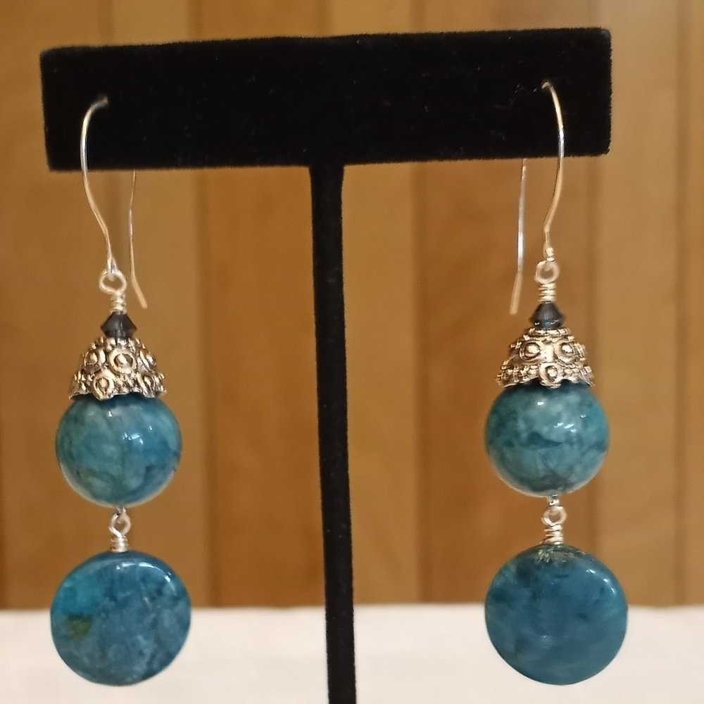 Handmade, NWOT Polished Blue-Green Stone Drop Earrings-Item #12